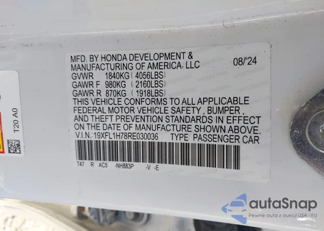 2024 Honda Civic Ex-L из США, поврежденный, VIN 19XFL1H78RE030036